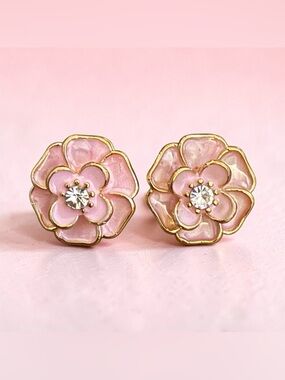Pink Enamel Flower Stud Earrings with Crystal Center